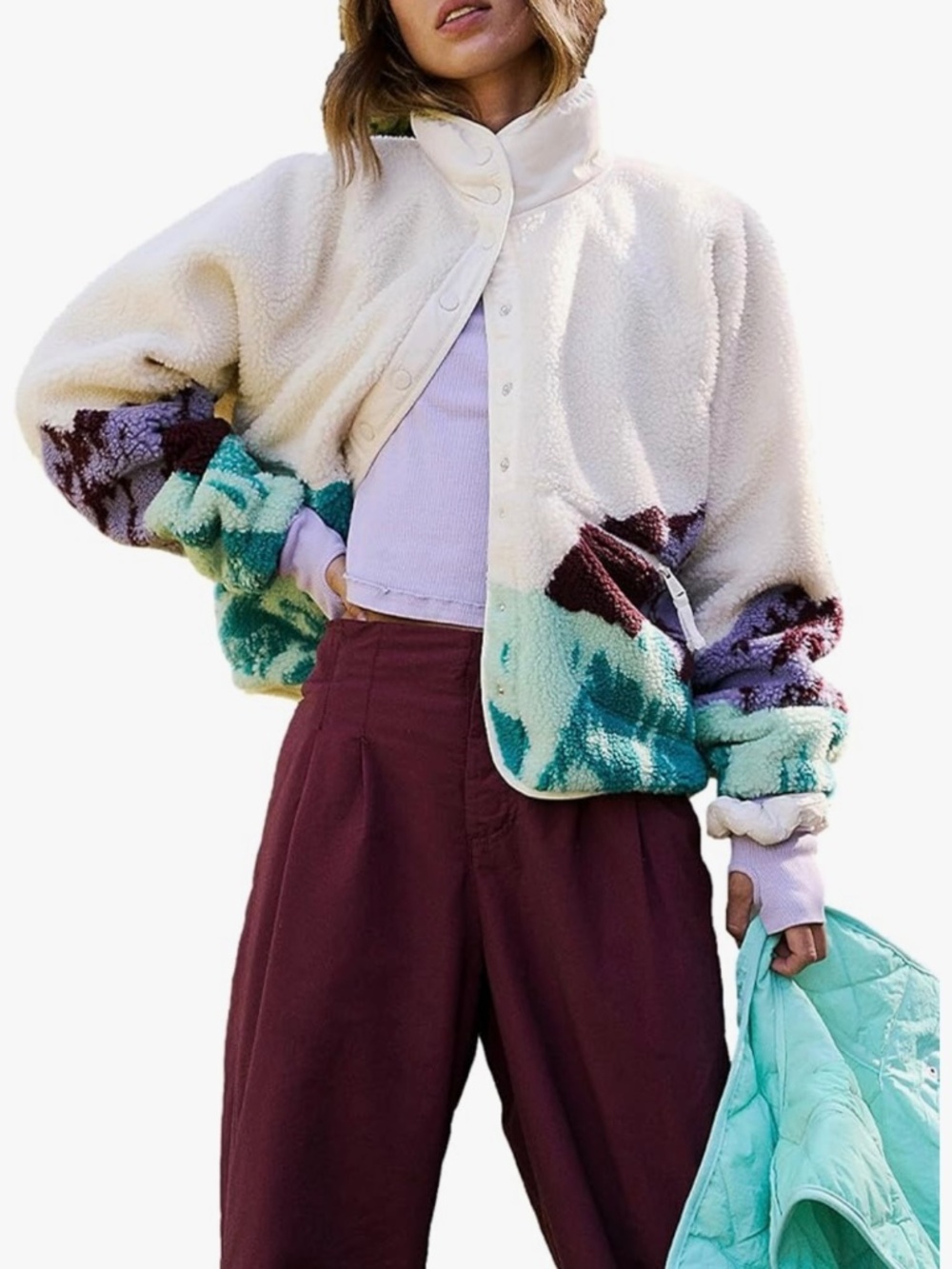 Women's Printed Fleece Jacket Long Sleeve Button Down Fuzzy Sherpa Jacket Outer